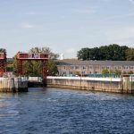 A view from the water of the LMCC Arts Center at Governors Island