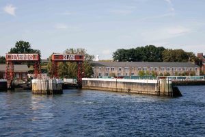 A view from the water of the LMCC Arts Center at Governors Island