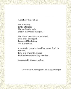 A mellow time of all The other day In the afternoon The sun hit the walls Turned everything marigold. The Island’s rendition of an Island, river is the base spirit Frames of Manhattan was in a muddle. A bartender prepares the oldest mixed drink in London Love is in sync with dreams Which allows the whiskey to shine, the marigold future of nights. By Cristhian Rodriguez + Sevinç Çalhanoğlu