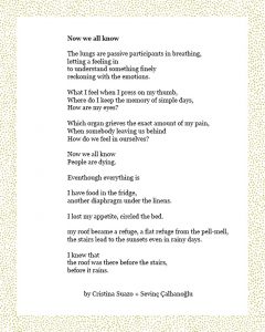 Now we all know The lungs are passive participants in breathing, letting a feeling in to understand something finely reckoning with the emotions. What I feel when I press on my thumb, Where do I keep the memory of simple days, How are my eyes? Which organ grieves the exact amount of my pain, When somebody leaving us behind How do we feel in ourselves? Now we all know People are dying. Eventhough everything is I have food in the fridge, another diaphragm under the linens. I lost my appetite, circled the bed. my roof became a refuge, a flat refuge from the pell-mell, the stairs lead to the sunsets even in rainy days. I knew that the roof was there before the stairs, before it rains. By Cristina Suazo + Sevinç Çalhanoğlu