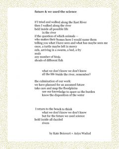 future & we used the science if I tried and walked along the East River then I walked along the river held inside all possible life in the river if the question of which animals — who makes their homes here I would name them telling you what I have seen and what has maybe seen me once, a turtle maybe left in mercy eels, arriving in a swarm, a bed, a fry seals any number of birds shoals of different fish what we don’t know we don’t know all the life inside the river, remember? the culmination of our work: we have planned for an assumed future take care and map the floodplains use our knowledge to spare us the burden know the disposition of the water I return to the beach to think what we don’t know we don’t know but for the future we used science hold inside all dazzled rivers Kate Boicourt + Asiya Wadud