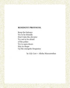 RESIDENT PROTOCOL Keep the balance Try to be friendly Don’t take the elevator Try not to be afraid of the police Try to open doors Stay in shape Up the energetic frequency by Lily Carr + Alisha Mascarenhas