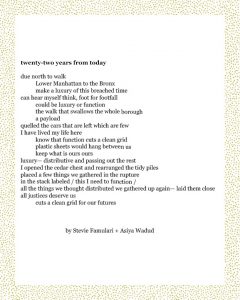 twenty-two years from today due north to walk Lower Manhattan to the Bronx make a luxury of this breached time can hear myself think, foot for footfall could be luxury or function the walk that swallows the whole borough a payload quelled the cars that are left which are few I have lived my life here know that function cuts a clean grid plastic sheets would hang between us keep what is ours ours luxury— distributive and passing out the rest I opened the cedar chest and rearranged the tidy piles placed a few things we gathered in the rupture in the stack labeled / this I need to function / all the things we thought distributed we gathered up again— laid them close all justices deserve us cuts a clean grid for our futures Stevie Famulari + Asiya Wadud