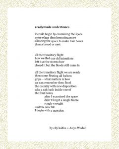 readymade undertones it could begin by examining the space mere edges then hemming more allowing the space to make four boxes then a brood or nest all the transitory flight how we fled our old intentions left it at the storm door closed it but the floods still came in all the transitory flight we are ready then some fleeting all forlorn grips— what matters is how we can remember then flood the country with new disposition take a salt bath inside one of the four boxes after I examined the space didn’t forget a single frame rough wrought and the new life I begin with a question elly kalfus + Asiya Wadud