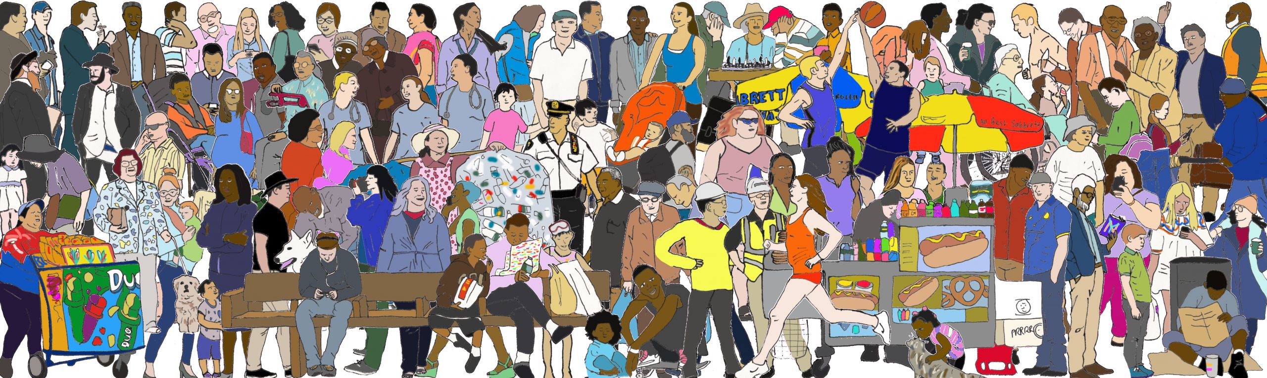 A colorful illustration of 100 characters drawn to visualize the diverse population of New York City