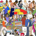 A colorful illustration of 100 characters drawn to visualize the diverse population of New York City.