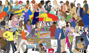 A colorful illustration of 100 characters drawn to visualize the diverse population of New York City.