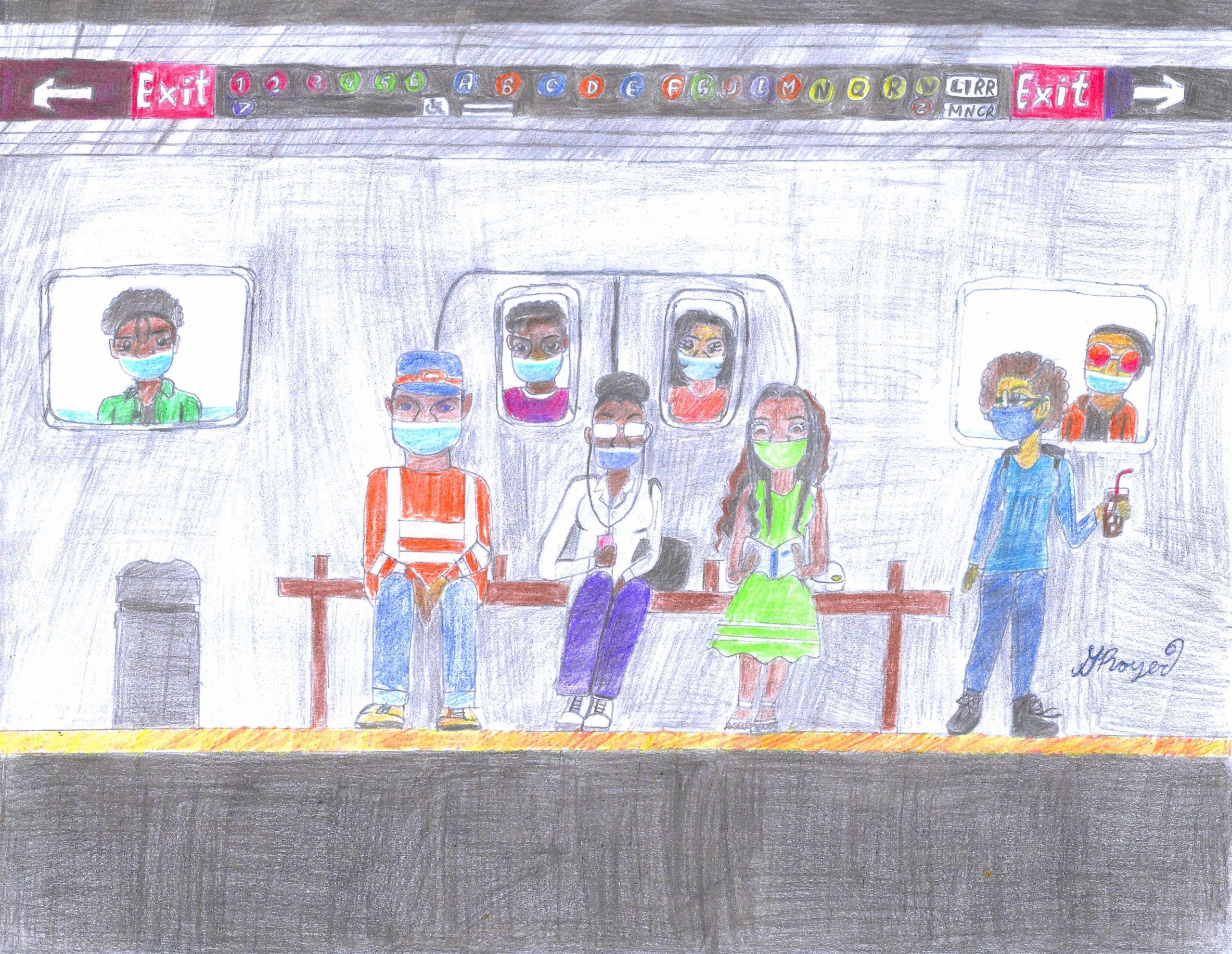“New York City's MTA subway services helped me go sightseeing and visit my friends and family during school. In appreciation of the MTA assistance, I drew my friends, family, and myself in an underground Metro station with all the subway trains displayed on top of the drawing.” –Geneva Royer
