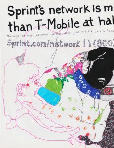 'I sat across and drew my sleeping sister, half-asleep baby nephew and brother-in-law on the 4 train headed back home after a long day. I incorporated the advertisement that hovered over them and the train floor pattern into the image to give a better sense of the space that they occupied.' –Nilufa Yeasmin