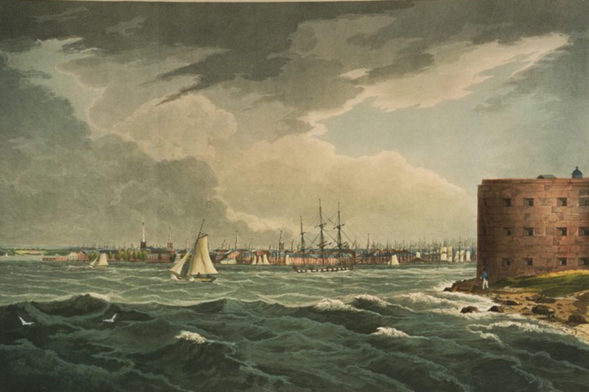 New York Harbor and Castle Williams on Governors Island with Lower Manhattan visible in the background. Courtesy of The New York Public Library