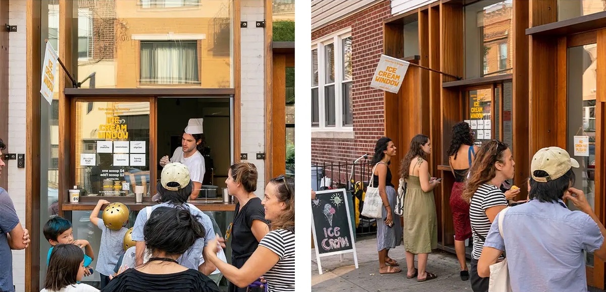 Two pictures are in this image. The image on the left shows a crowd of people outside a drive-through window - a person is inside the window taking orders. The image on the right shows 5 people waiting outside a store.