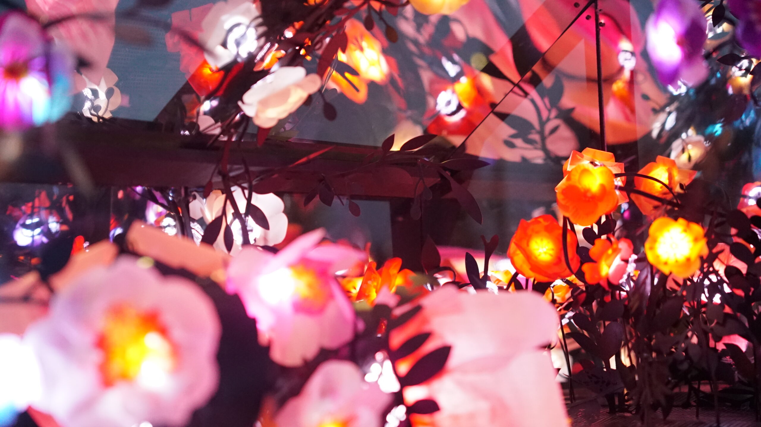 A view into the illuminated greenhouse of Maison Millefleurs, an outdoor installation by artists Rhonda Weppler & Trevor Mahovsky filled with glowing LED-lit paper flowers in Wagner Park, Battery Park City, August 2025.