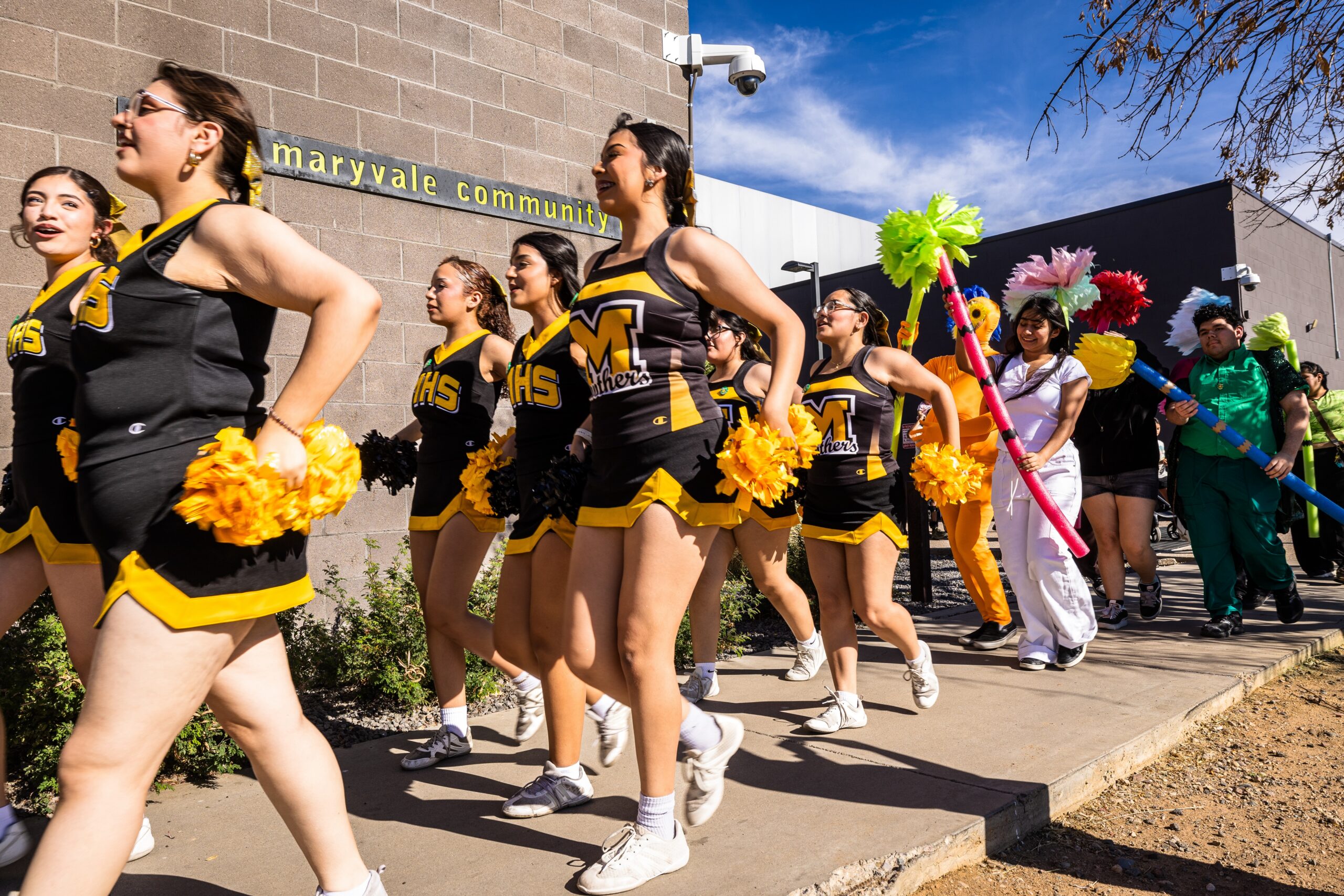 20260411 - Maryvale Shade Pep Rally - Phoenix

The image has been fully released; the model release is on file with Media Relations &amp; Strategic Communications.

Maryvale High School students with the SpiritLine Cheerleaders and Theatre Troupe 480 take part at the Maryvale Pep Rally for Trees, a high school-style homecoming pep rally, on Saturday, April 11, 2026. The community celebration of shade drew a few hundred neighborhood residents to watch a brass band, Maryvale High School cheerleaders, high school theater students led by an ASU graduate and a pony pulling a cart carrying a tree. The event celebrated the City of Phoenix’s tree-planting program, which planted 186 trees in Maryvale over the weekend. Photo by Charlie Leight/ASU News