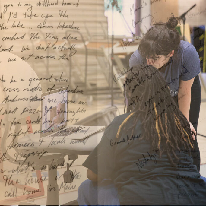 Image of Kate (a white woman with brown hair) and Kayla (a Black woman with long locks), both of whom are squatting looking at a computer. Overlaid on the left hand side is handwritten journal text.